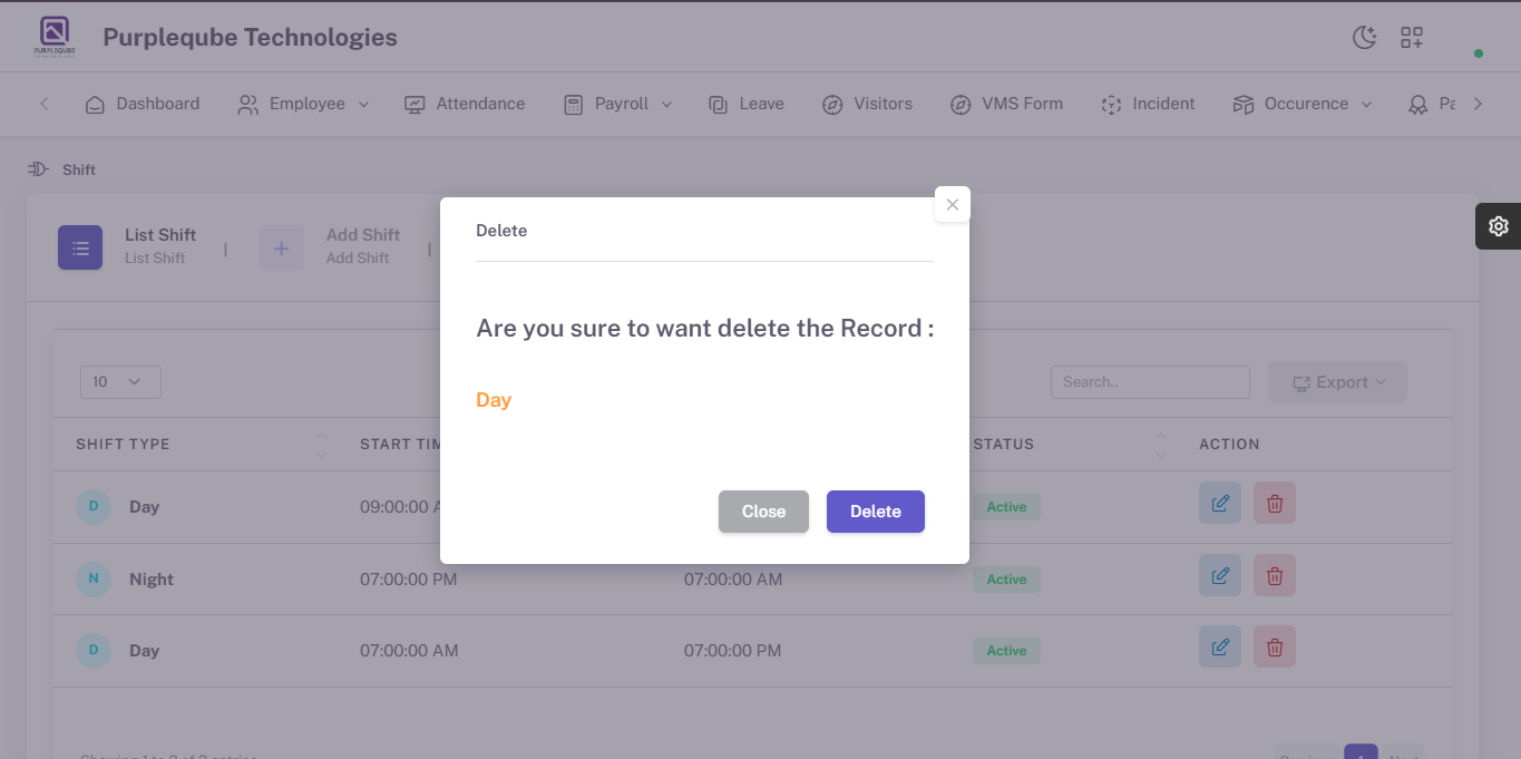 Delete confirmation dialog showing the shift name to be deleted